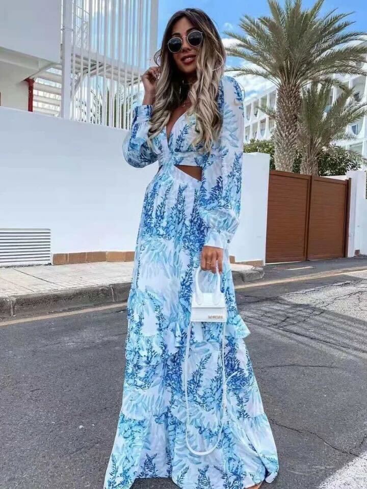 Levoire | Robe élégante à manches longues et décolleté en V imprimé Bleu