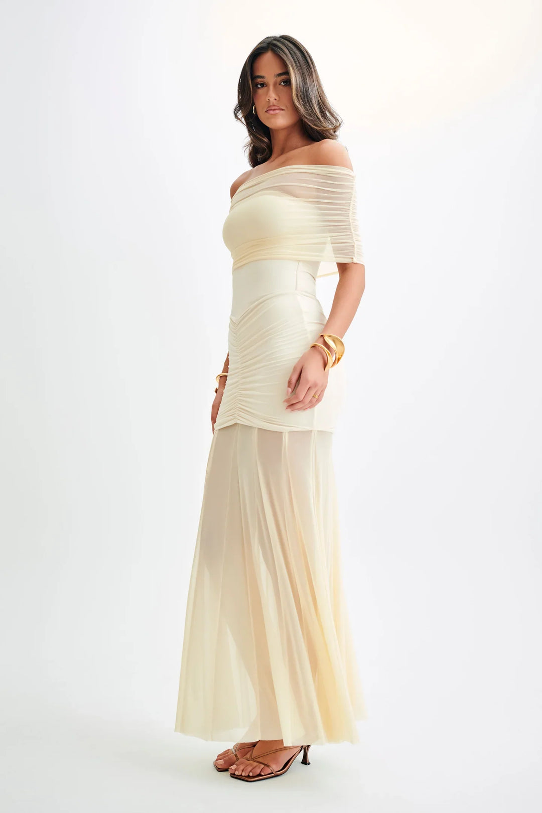 Levoire | Slinky Und Mesh Off Shoulder Maxi Robe