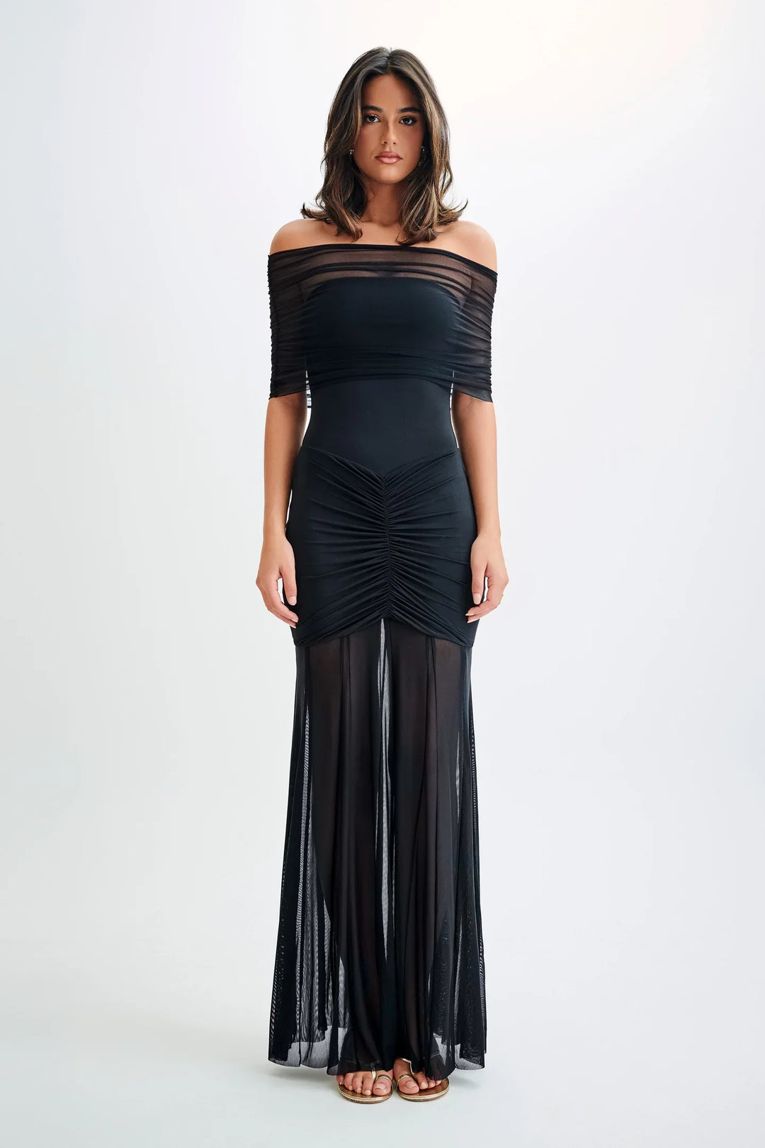 Levoire | Slinky Und Mesh Off Shoulder Maxi Robe