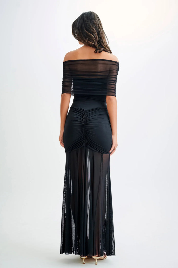 Levoire | Slinky Und Mesh Off Shoulder Maxi Robe