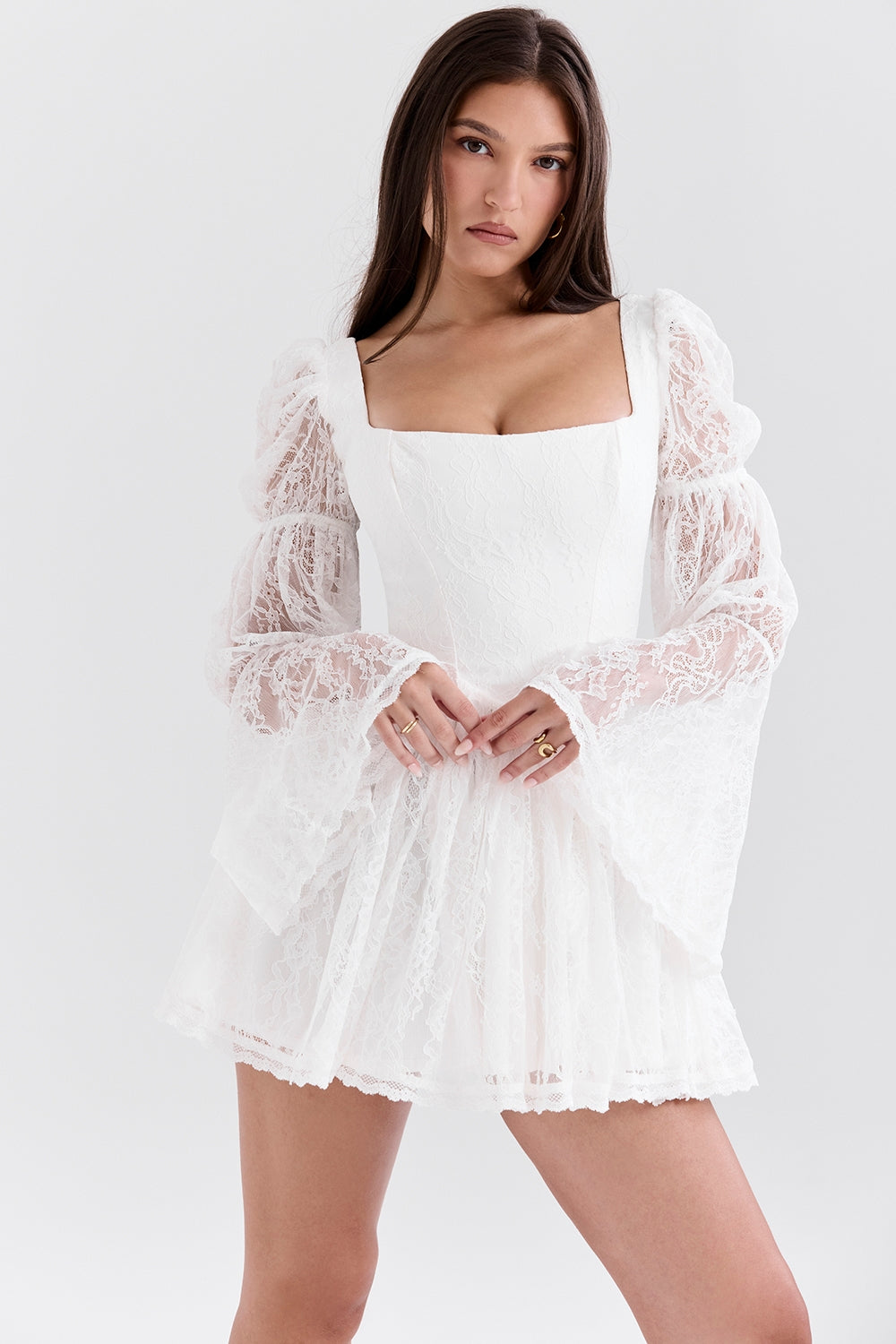 Levoire | Robe Mini À Manches Bouffantes En Dentelle Blanche