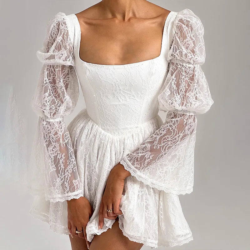 Levoire | Robe Mini À Manches Bouffantes En Dentelle Blanche