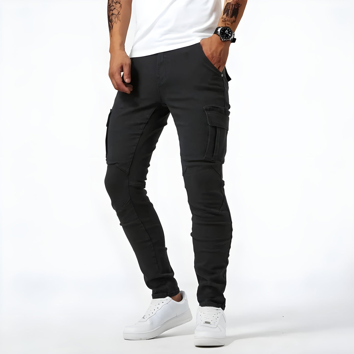 Levoire | Rento Coupe Slim Fit Pantalons Cargo En Denim À Coutures Latérales Noir