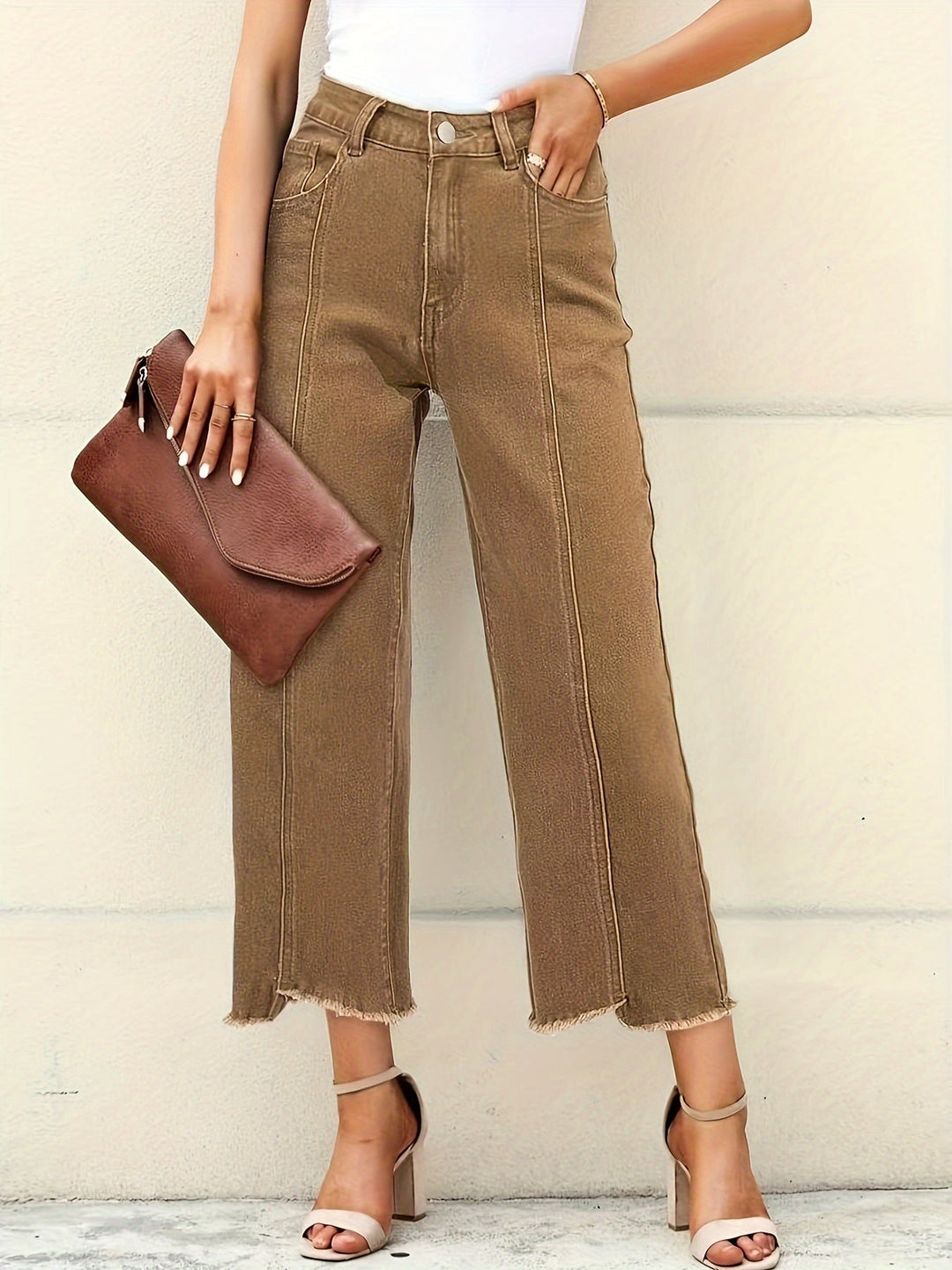 Levoire | Pantalon Tendance Mi-Mollet Avec Ourlet Effiloché Café