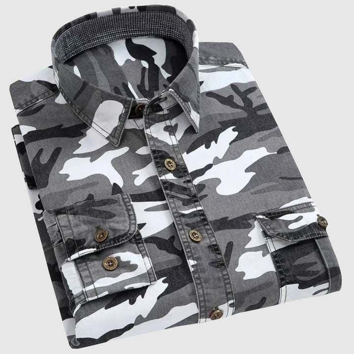 Levoire | Chemise Classique Camouflage À Manches Longues Pour Hommes Gris et blanc