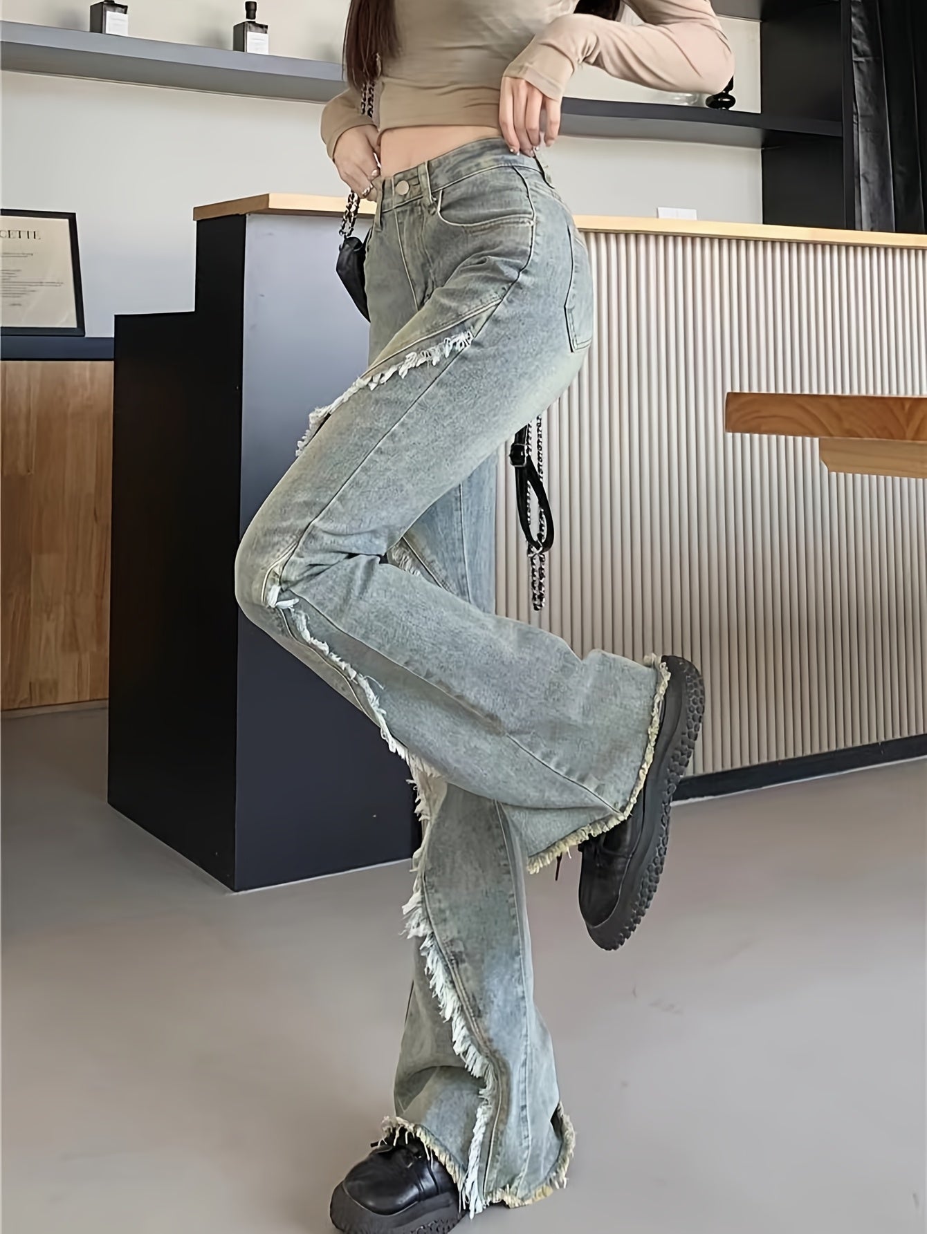 Levoire | Jean Flare Taille Haute Avec Ourlet Frangé Hellturquoise