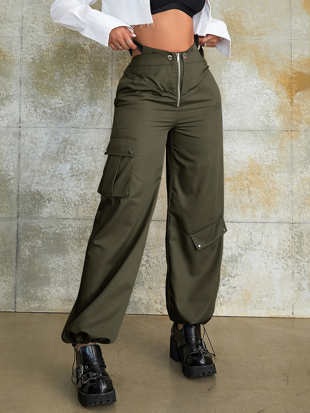 Levoire | Pantalon Cargo À Taille Haute Tendance Avec Détails De Poches Vert olive