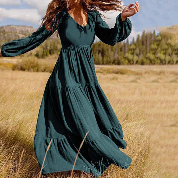 Levoire | Femme robe élégante unie à manches longues Vert noir Jasper