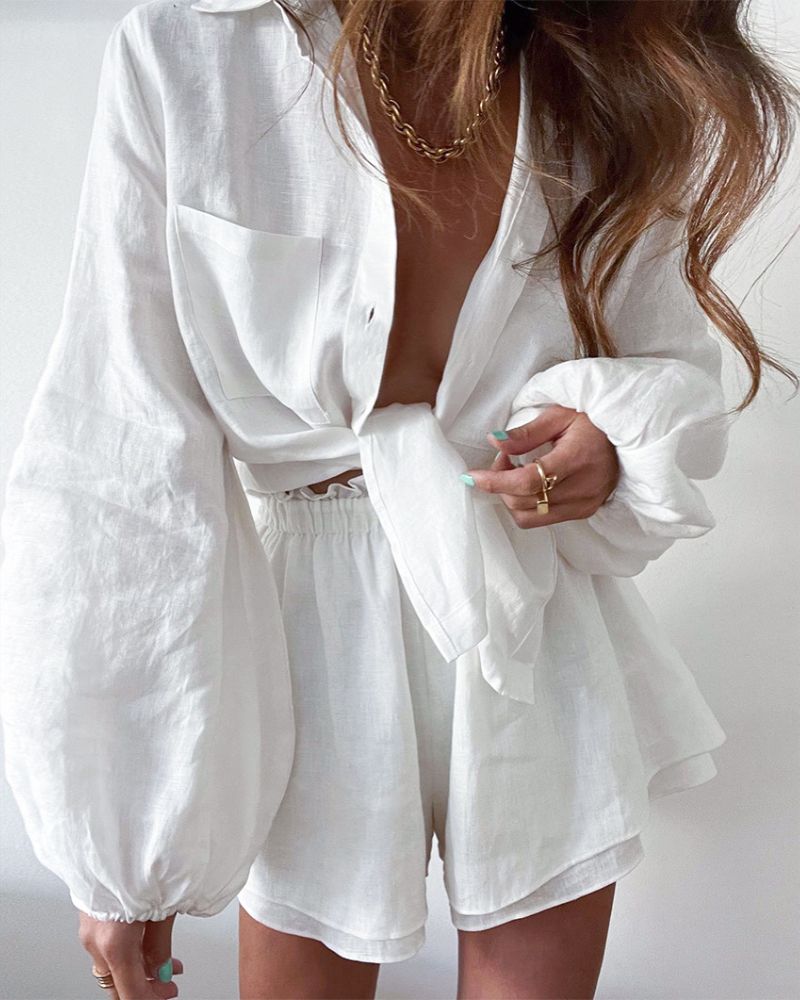 Levoire | Ensemble De 2 Pièces Accessoires Série Chemise À Manches Longues À Boutons Et Shorts Assortis Blanc