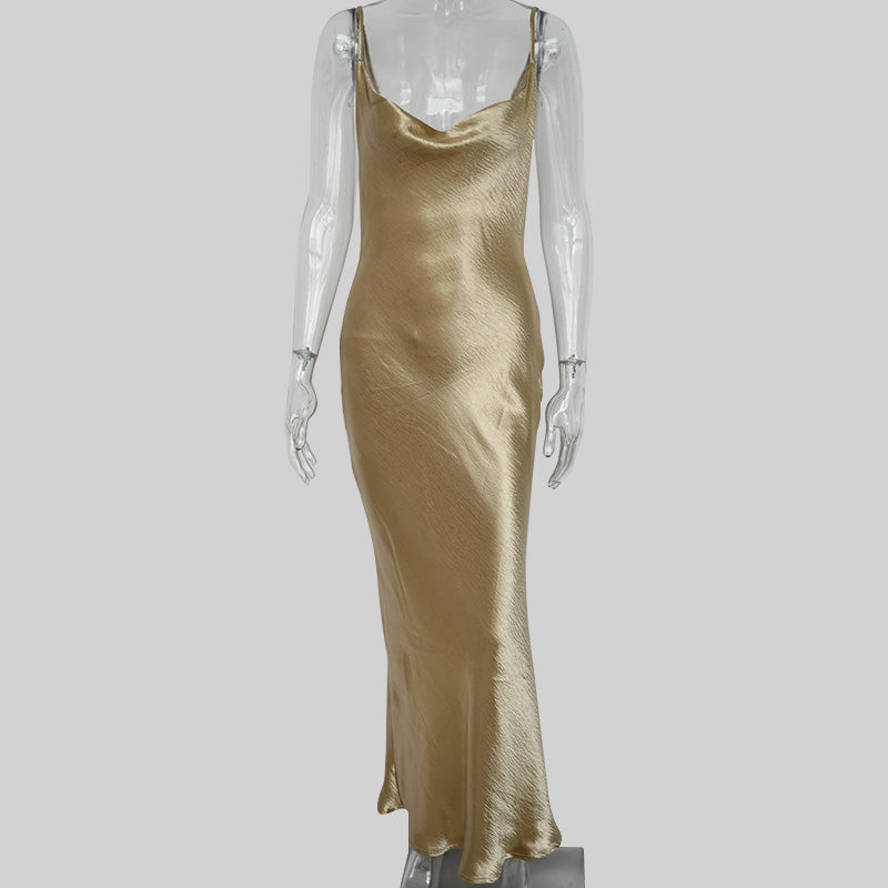 Levoire | Robe Longue Sans Dos À Bretelles Spaghetti En Satin Khaki