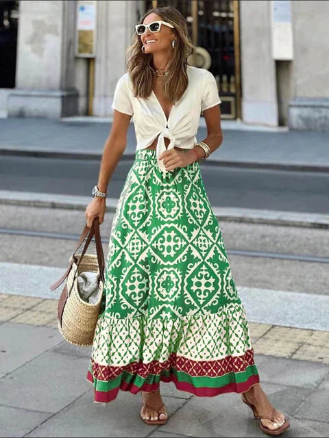 Levoire | Jupe D'Été Longue Au Style Rétro Boho Vert