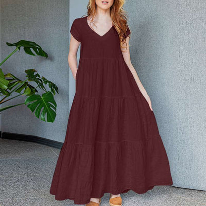 Levoire | Robe Maxi Élégante Avec Décolleté En V Et Manches Courtes Bordeaux