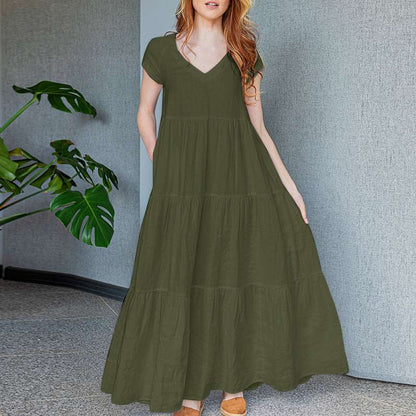 Levoire | Robe Maxi Élégante Avec Décolleté En V Et Manches Courtes Vert olive