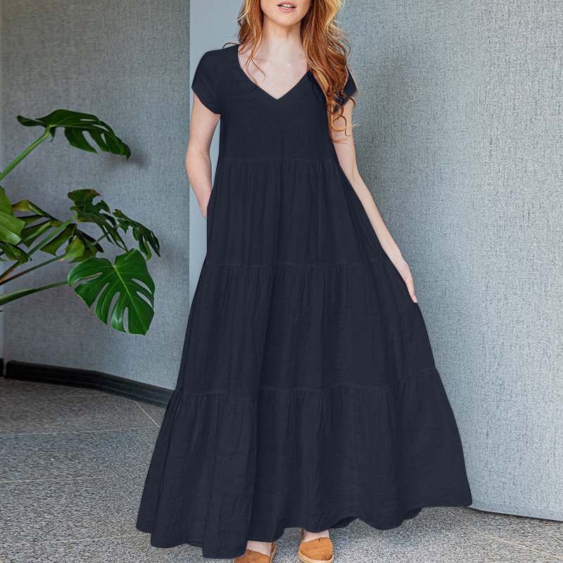 Levoire | Robe Maxi Élégante Avec Décolleté En V Et Manches Courtes Bleu foncé