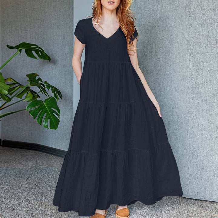 Levoire | Robe Maxi Élégante Avec Décolleté En V Et Manches Courtes Bleu foncé