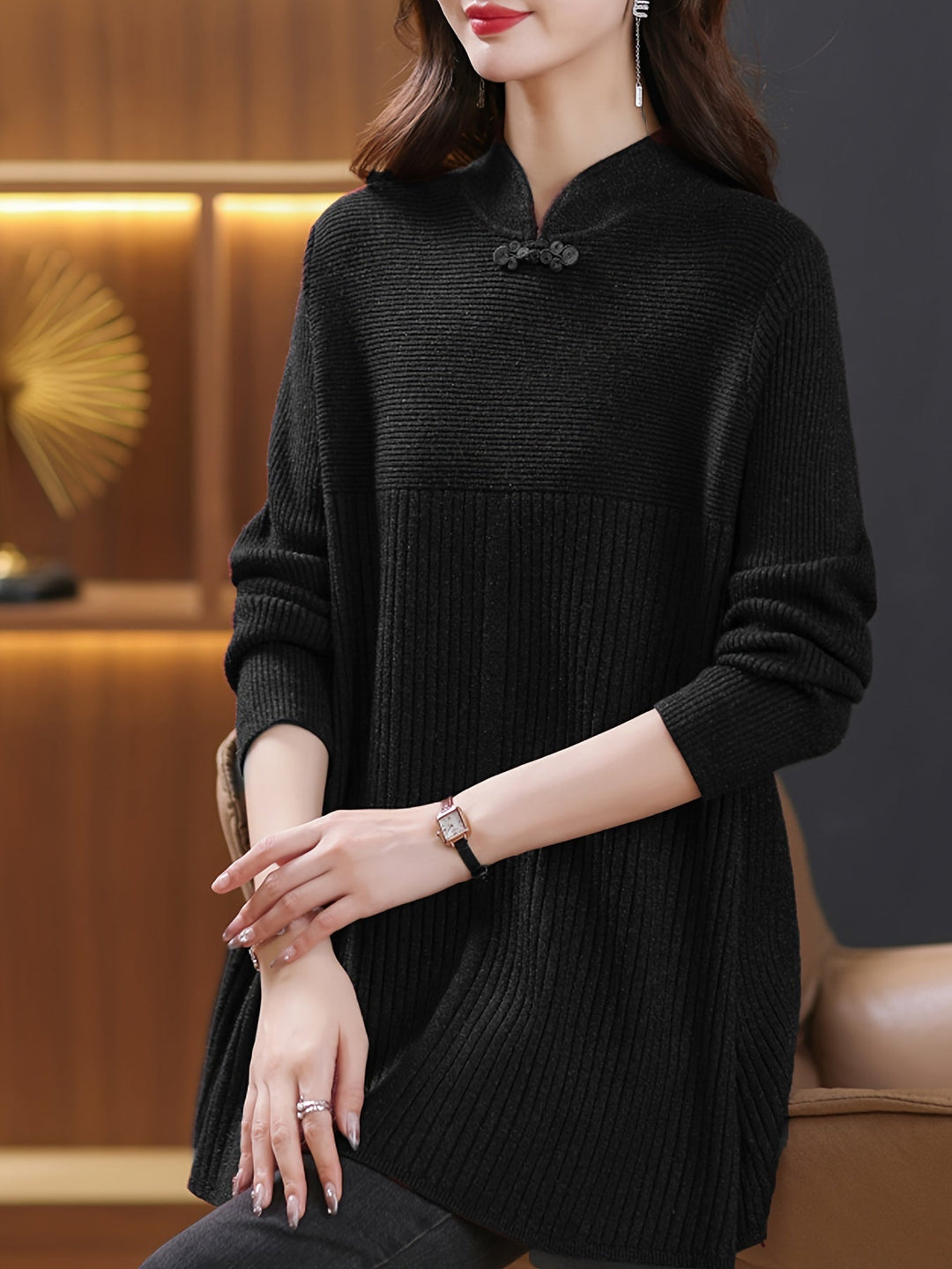 Levoire | Pulls En Tricot Élégants Avec Boutons Et Col Montant Noir Une taille