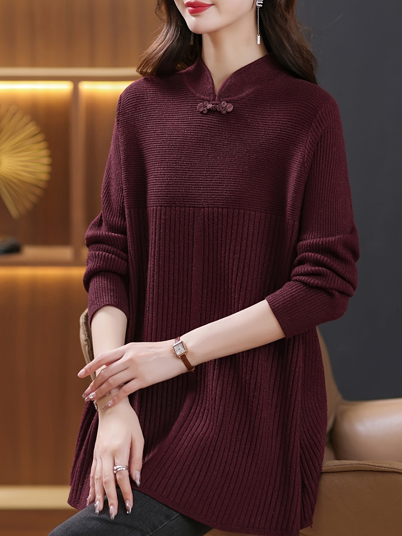 Levoire | Pulls En Tricot Élégants Avec Boutons Et Col Montant Bourgogne Une taille