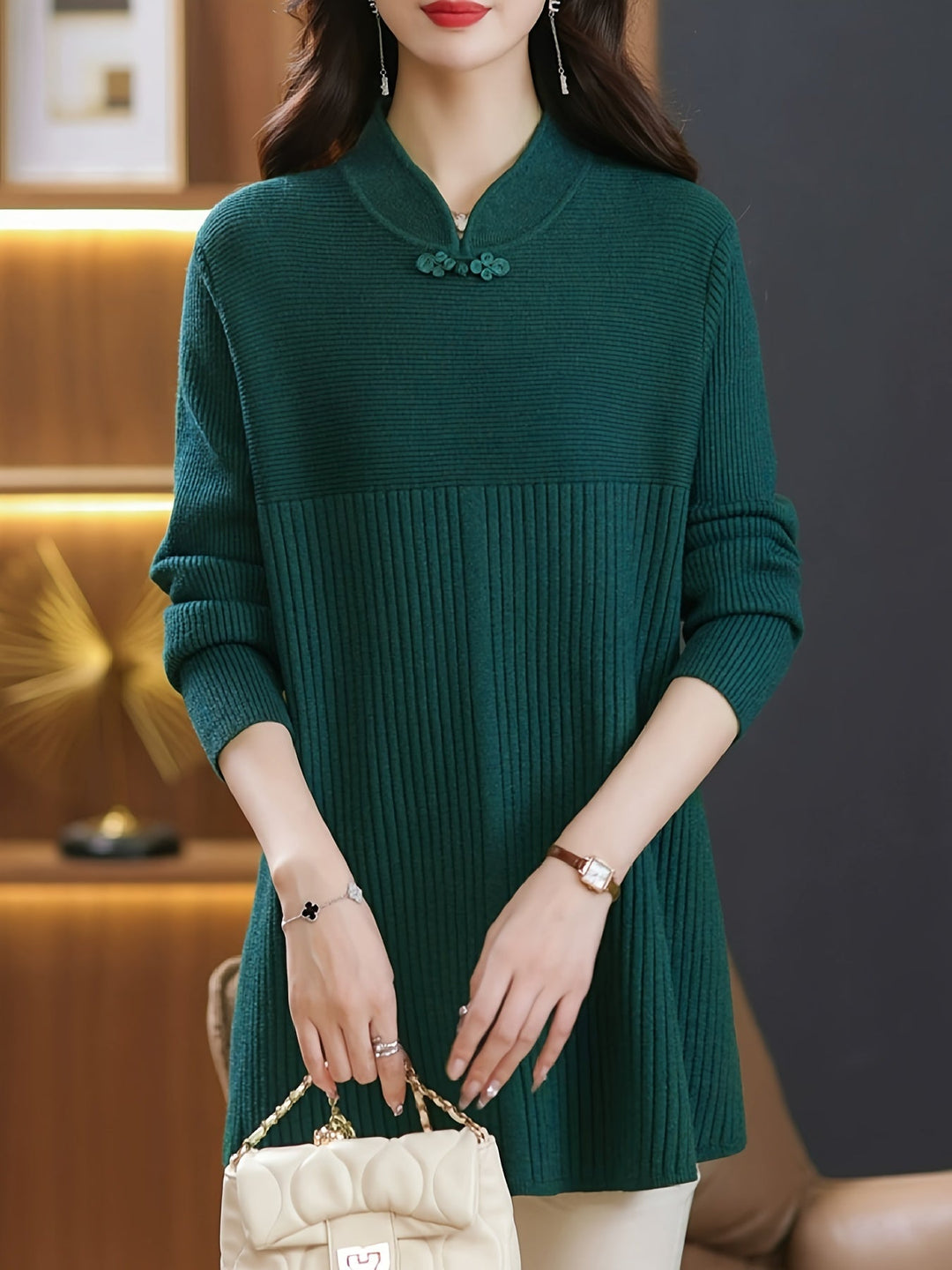 Levoire | Pulls En Tricot Élégants Avec Boutons Et Col Montant Vert foncé Une taille