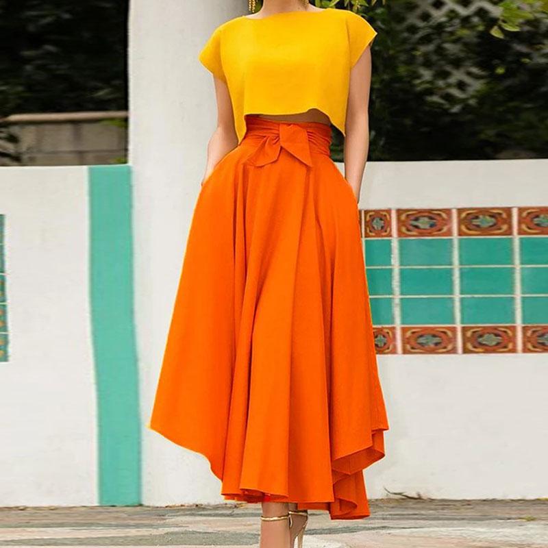 Levoire | robe vintage longue taille haute grande ceinture unie ORANGE