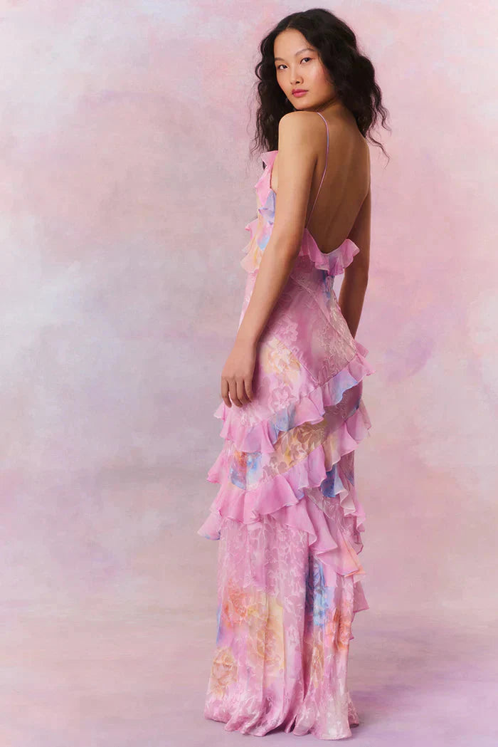 Levoire | Volants Dos Ouvert Bretelles Spaghetti Robe Maxi Robe D'Été