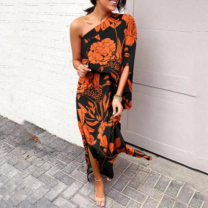 Levoire | Une Épaule Une Manche Fente Maxi Robe D'Été Orange