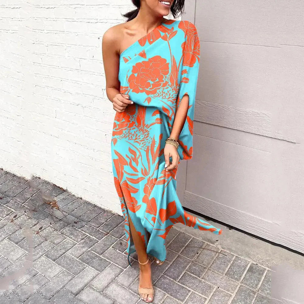 Levoire | Une Épaule Une Manche Fente Maxi Robe D'Été Turquoise