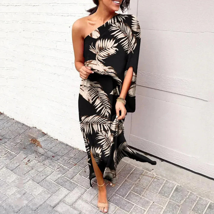Levoire | Une Épaule Une Manche Fente Maxi Robe D'Été Velours noir
