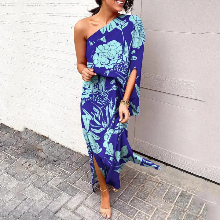 Levoire | Une Épaule Une Manche Fente Maxi Robe D'Été Bleu