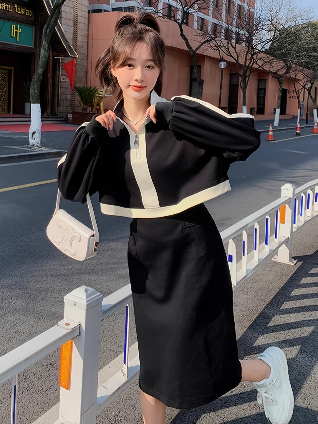 Levoire | Robe Sweat Élégante À Blocs De Couleurs Avec Manches Longues Noir
