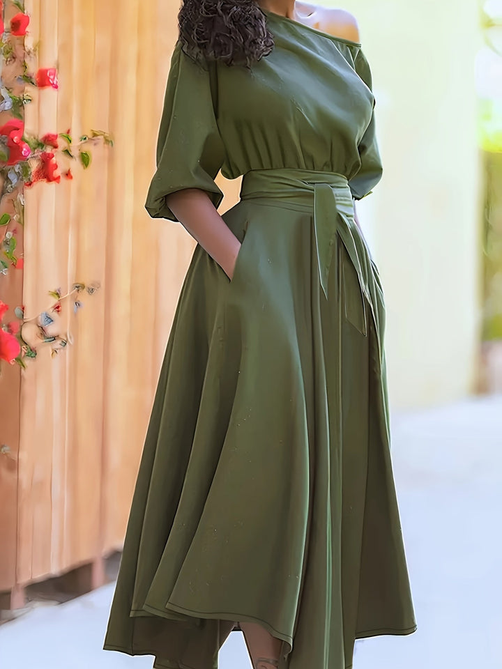 Levoire | Robe Midi Hors Épaule Avec Ceinture Et Ourlet Asymétrique Vert olive