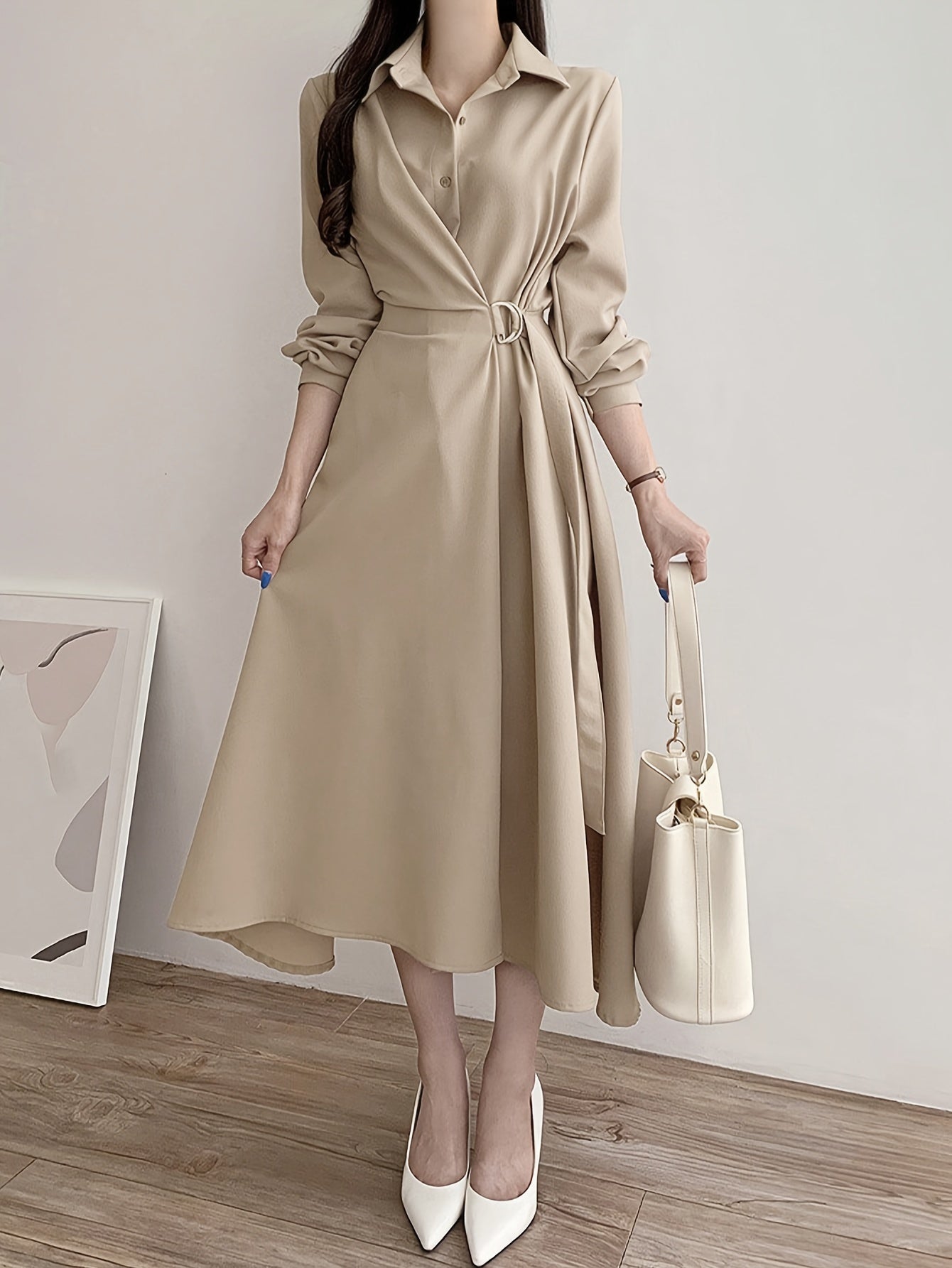 Levoire | Elegante Robe Midi Avec Détail De Nœud Et Col Khaki