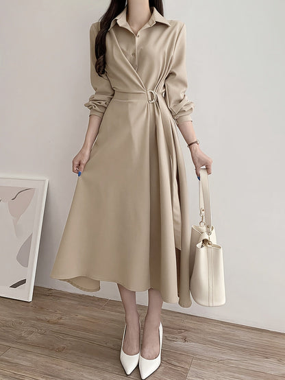 Levoire | Elegante Robe Midi Avec Détail De Nœud Et Col Khaki