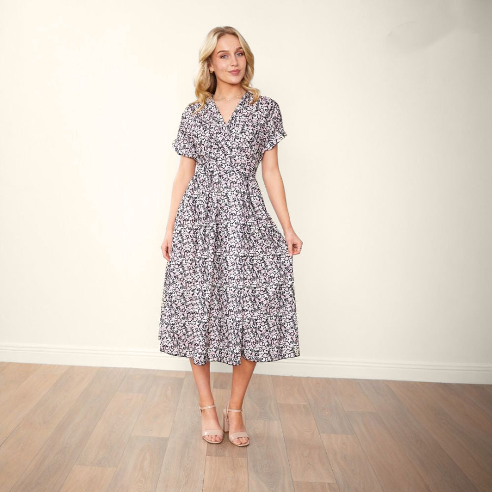 Levoire | Robe Élégante Avec Détail De Ceinture Motif floral noir