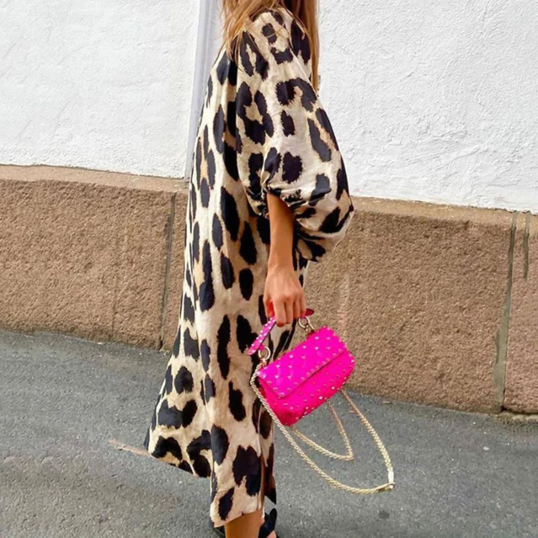 Levoire | Robe Motif Léopard Décolleté V Manches Lanternes