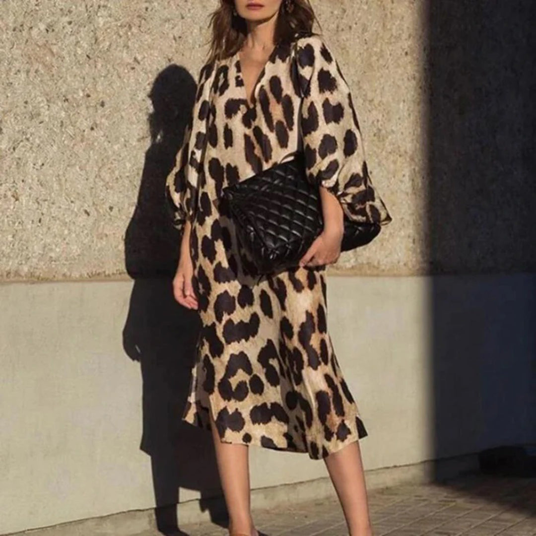 Levoire | Robe Motif Léopard Décolleté V Manches Lanternes