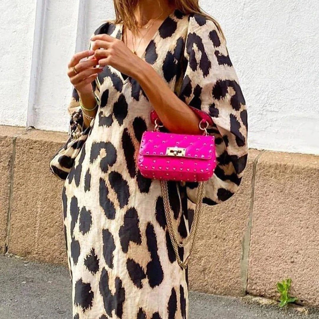 Levoire | Robe Motif Léopard Décolleté V Manches Lanternes