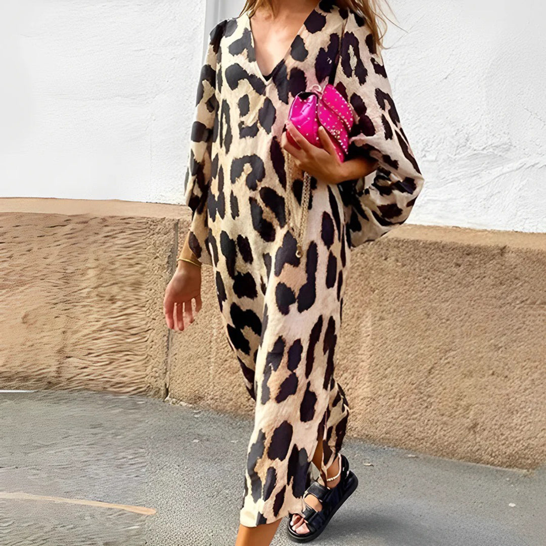 Levoire | Robe Motif Léopard Décolleté V Manches Lanternes 2XL