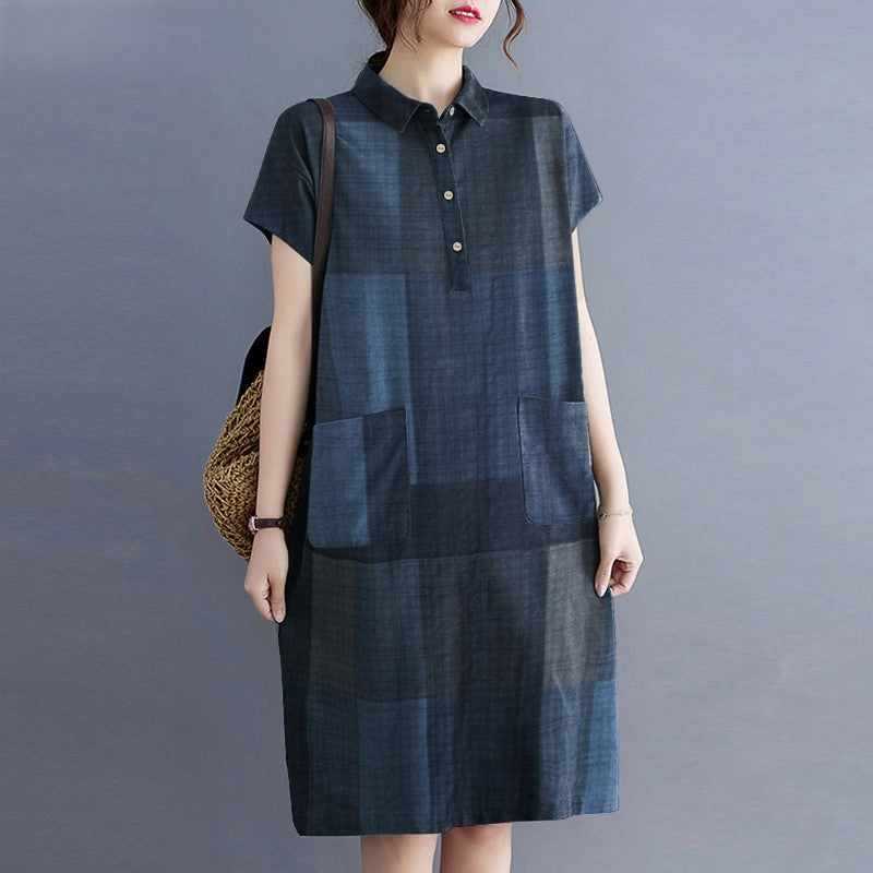 Levoire | Robe À Carreaux Décontractée Avec Manches Courtes Et Fermeture À Bouton Bleu