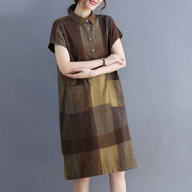 Levoire | Robe À Carreaux Décontractée Avec Manches Courtes Et Fermeture À Bouton