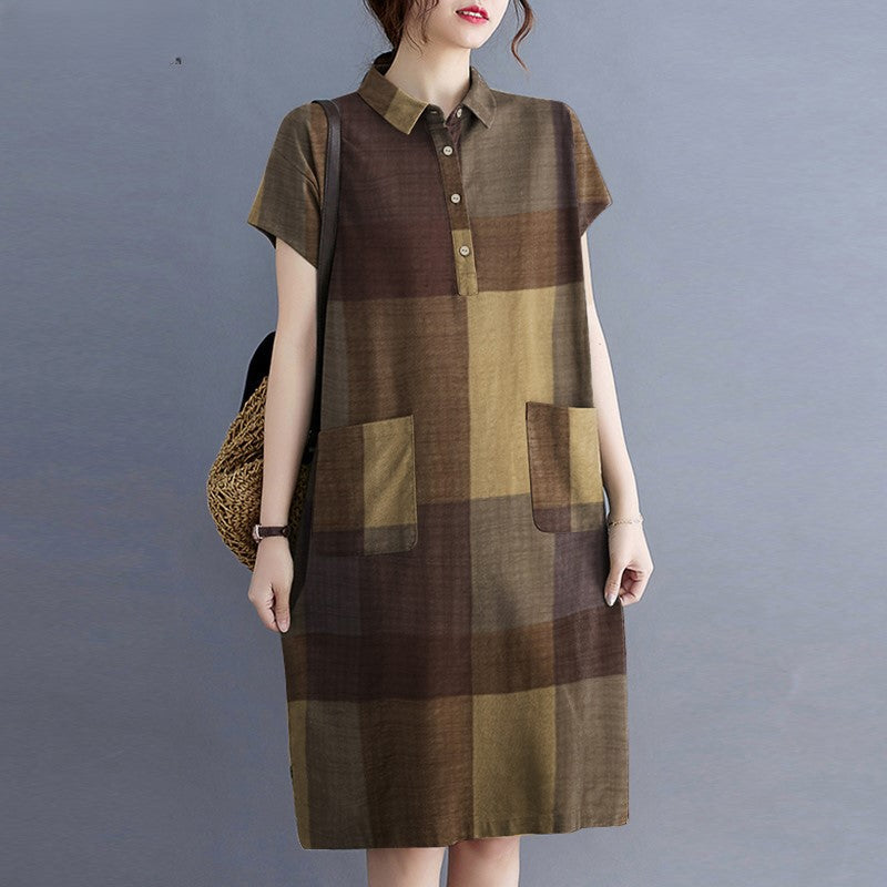Levoire | Robe À Carreaux Décontractée Avec Manches Courtes Et Fermeture À Bouton Braun