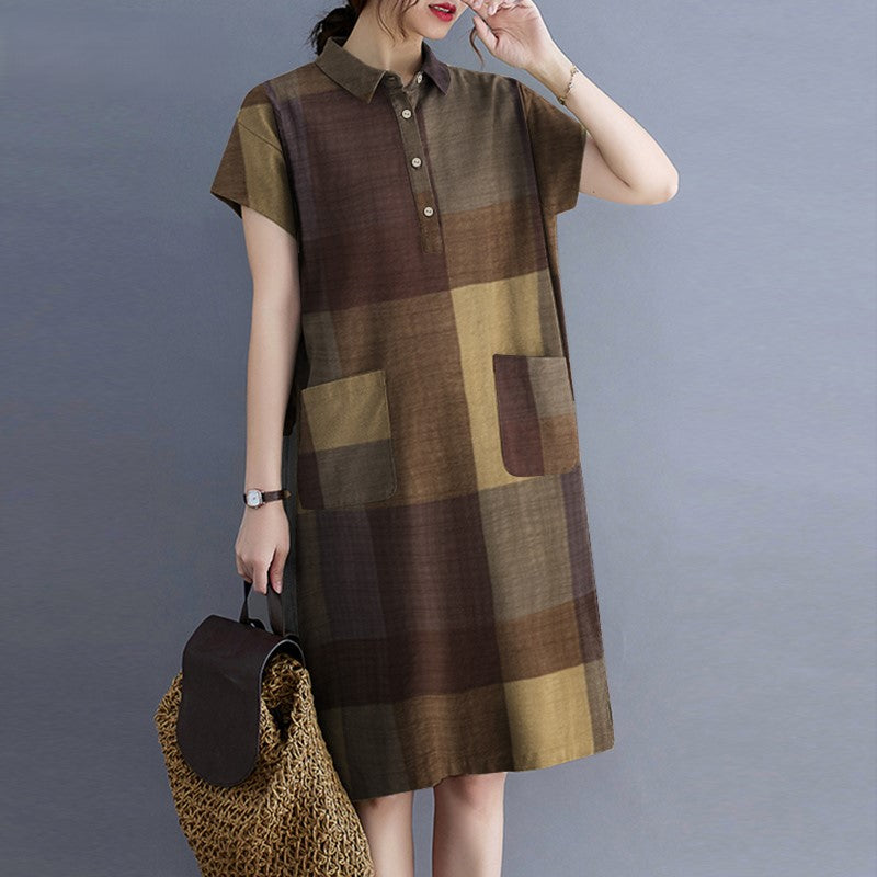 Levoire | Robe À Carreaux Décontractée Avec Manches Courtes Et Fermeture À Bouton