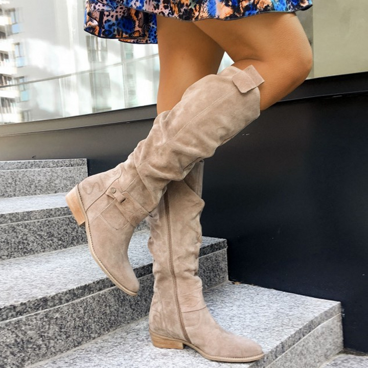 Levoire | Fermeture Éclair Talon Bas Bottes Longues Bottes Femme Beige - presque épuisé !