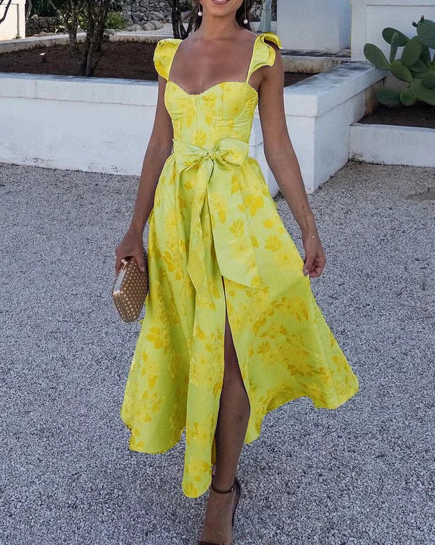 Levoire | Robe Midi Élégante À Manches Papillon Robe D'Été Jaune