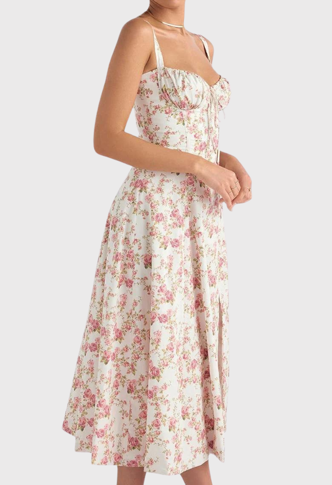 Levoire | Sans Manches Fente Midi Robe Robe D'Été Fleur de rose