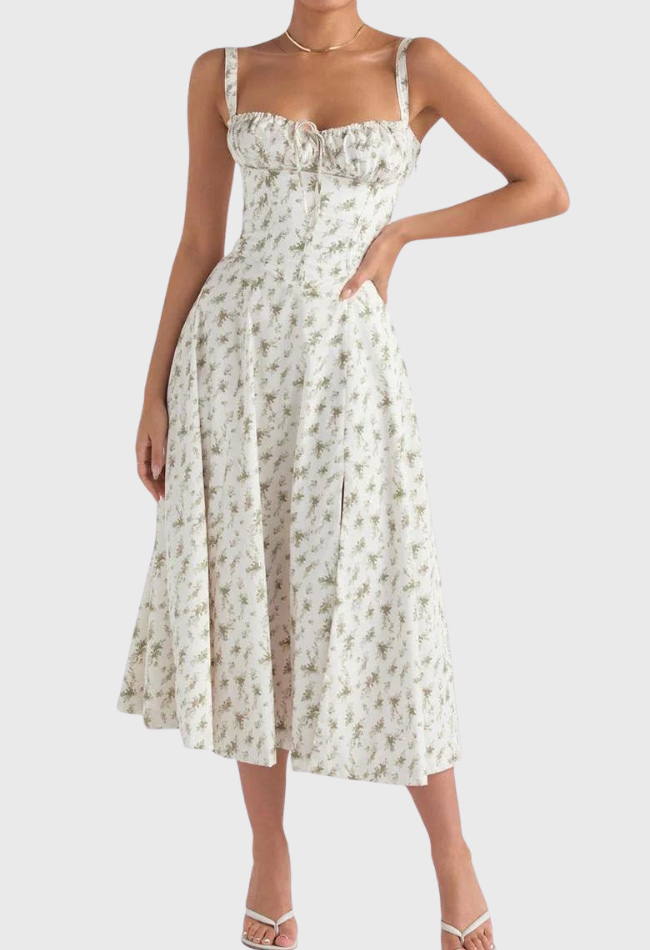 Levoire | Sans Manches Fente Midi Robe Robe D'Été Impression verte