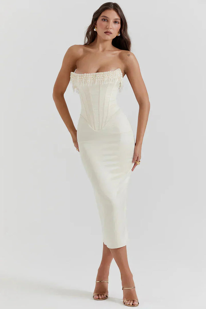 Levoire | Robe De Cocktail Midi Sans Bretelles En Satin Blanc