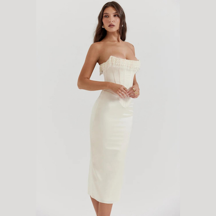 Levoire | Robe De Cocktail Midi Sans Bretelles En Satin Blanc