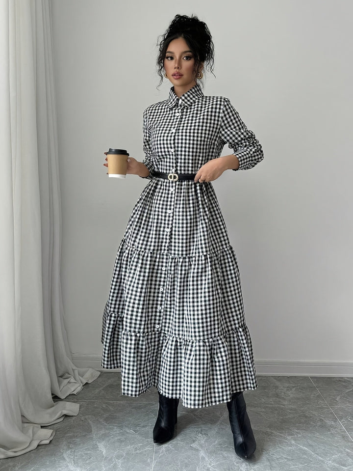 Levoire | Élégante Robe Chemise Maxi À Imprimé À Carreaux Avec Fermeture À Boutons Noir-blanc