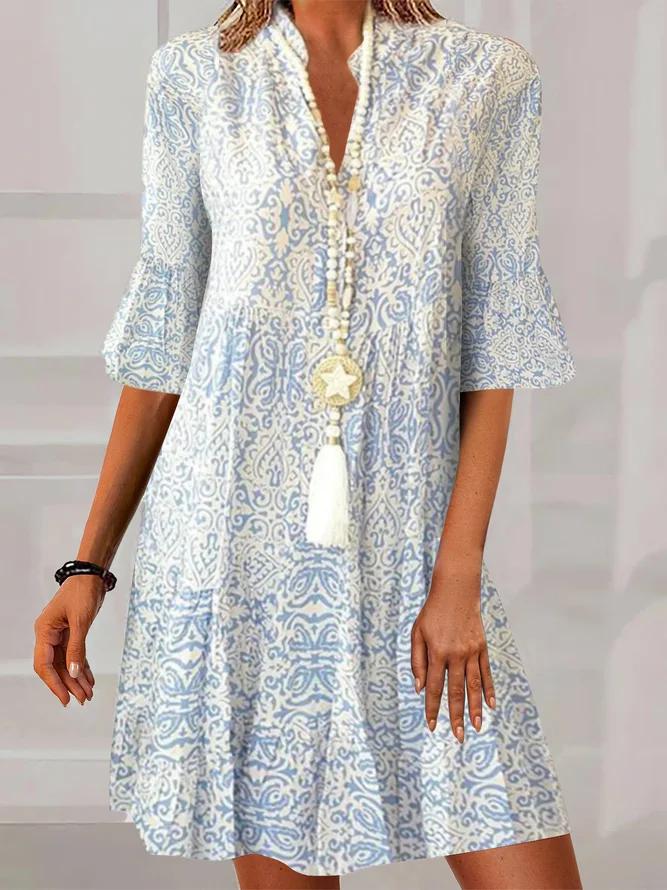 Levoire | robe à demi-manches imprimée vintage bleu vieilli blanc