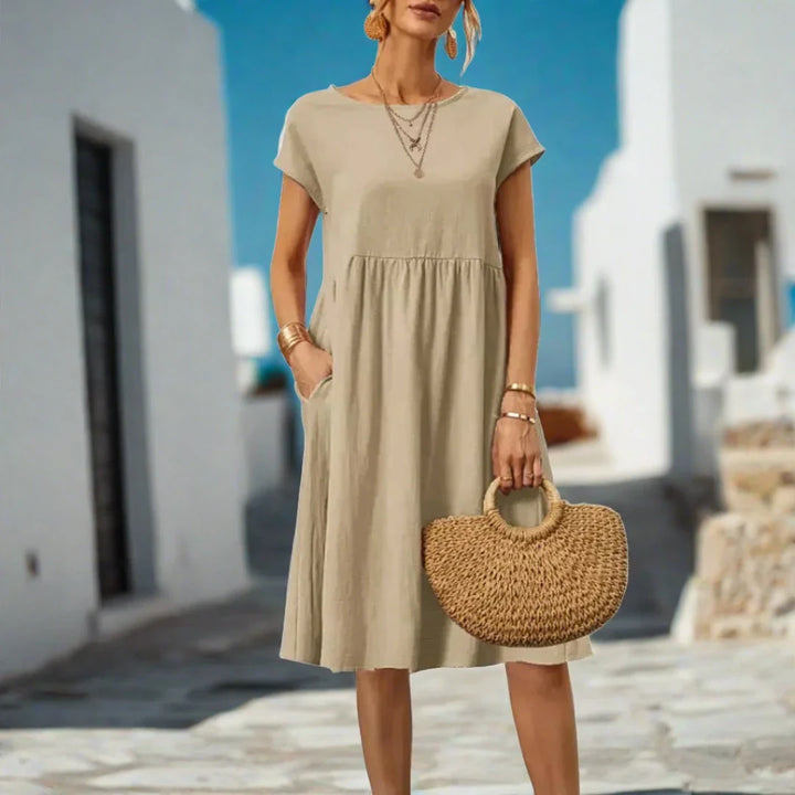 Levoire | Robe D'Été Élégante Fluide À Manches Courtes Beige